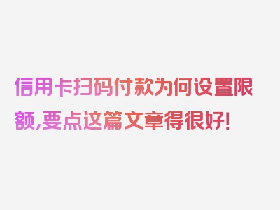 信用卡扫码付款为何设置限额，要点这篇文章得很好！