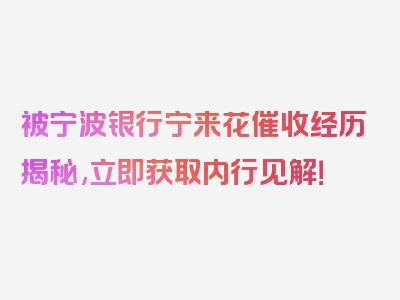 被宁波银行宁来花催收经历揭秘,立即获取内行见解！