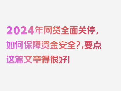 2024年网贷全面关停,如何保障资金安全?，要点这篇文章得很好！