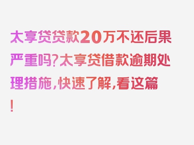 太享贷贷款20万不还后果严重吗?太享贷借款逾期处理措施，快速了解，看这篇！