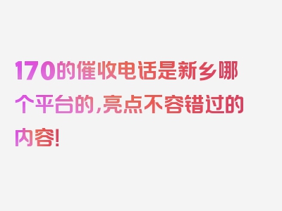 170的催收电话是新乡哪个平台的，亮点不容错过的内容！