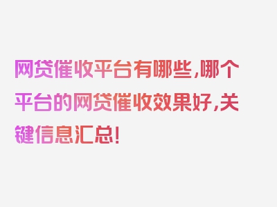 网贷催收平台有哪些,哪个平台的网贷催收效果好，关键信息汇总！