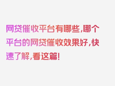 网贷催收平台有哪些,哪个平台的网贷催收效果好，快速了解，看这篇！