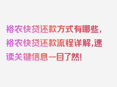 裕农快贷还款方式有哪些,裕农快贷还款流程详解，速读关键信息一目了然！