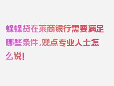 蜂蜂贷在莱商银行需要满足哪些条件，观点专业人士怎么说！