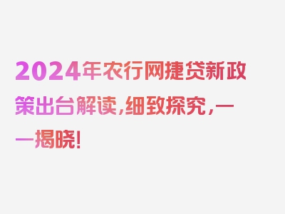 2024年农行网捷贷新政策出台解读，细致探究，一一揭晓！