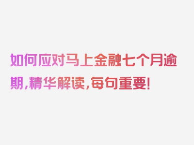 如何应对马上金融七个月逾期，精华解读，每句重要！